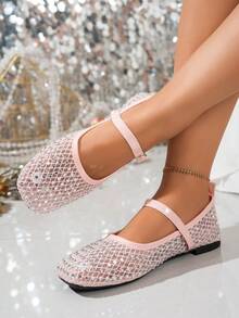 Spring/Summer Wide Toe Box Shiny Colorful Rhinestone Decorated Women's Dance Shoes, Comfortable Elegant Fashion Versatile Student Shoes/Mesh Hollow Breathable Soft Lightweight Non-Pinching Casual Shoes/Walking Shoes/Travel Shoes, Suitable For Dancing/Students/Outdoor Leisure/Walking/Holiday Gifts/Parties/Home/Work/Driving, Please Note This Product Is Not Suitable For Narrow Feet, Size Runs Large - Pink - View 4