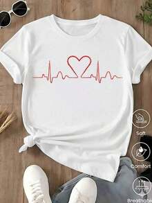 One-Piece Set, Unisex Casual Style. | Women's T-Shirt With Leopard Print And Heartbeat Design, Featuring An Aesthetic ECG Line Design, Versatile And Easy To Match, Suitable For Everyday Wear, Urban Looks, Vacation Outfits, And Casual Weekend Wear. - 白色的... - 查看 1