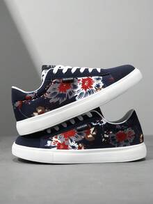 Zapatillas casuales ligeras de hombre con color de contraste, decoración con letras de moda y estampado aleatorio, de corte bajo con cordones, planas para patinar - Azul - Ver 8