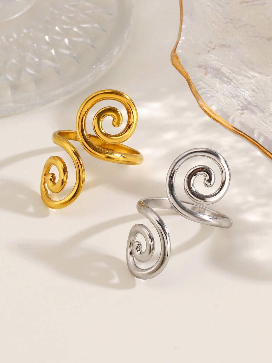 1pc Minimalist 18K Gold Plated Stainless Steel Spiral Ring, Suitable For Women's Summer Vacation Wear - Multicolor - View 1