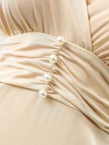 Vestido de fiesta elegante de unicolor con cuello en V y cintura fruncida para mujer - Champán - Ver 3