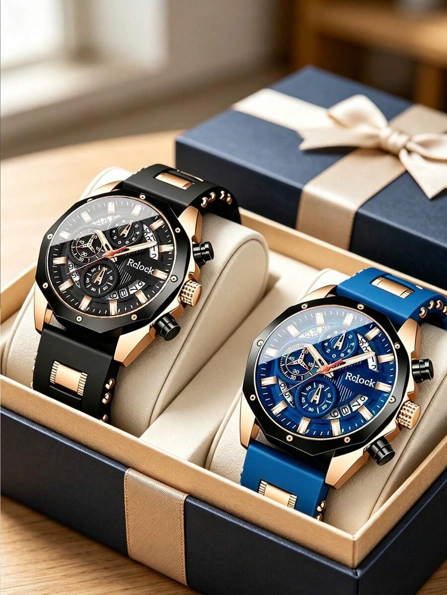 2PCS/1PC Watch Set, Men's Rose Gold Wristwatch, Black/Blue Dual Dial With Silicone And Metal Strap, Rugged Sporty Style, Elegant And Stylish, Perfect Birthday Or Valentine's Day Gift For Boyfriend, Son, Father, Suitable For Daily Commute, Sports And Casual Occasions, Showcasing Men's Vibrant Style - Multicolor - View 1