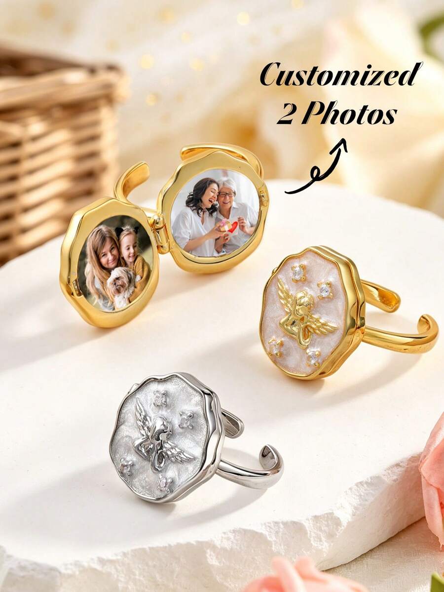1pc Personalized Angel Lock Ring, Can Customize Photo, Vintage Angel Wing Lock Ring, Women's Memorial Jewelry, Hidden Image Ring, Engraved Angel Memorial Ring, Romantic Anniversary Birthday Gift, Mourning Memorial Jewelry, Meaningful Gift For Mom, Wife And Girlfriend, Vintage Angel Photo Lock, Meaningful Gift For Valentine's Day, Mother's Day And Christmas - Multicolor - View 1