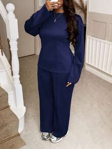 Christmas Women's Waist-Cinched Mid-Length Sweatshirt And Pants Slimming Grey Set - Navy - View 8