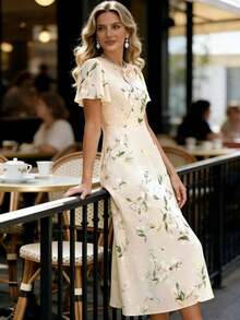 Vestido elegante con estampado floral, mangas con volantes y tela de gasa azul para mujeres - Albaricoque - Ver 5