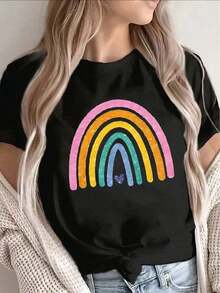 1 Piece - Rainbow Print T-Shirt - Lightweight And Durable, Short Sleeve And Round Neck, Casual Design With Multicolored Bow And Hollow Heart, Comfortable For Daily Wear At Home Or Outdoors, Rainbow T-Shirt, Outerwear, Medium Elasticity QEHX180g 100% Cotton. - 黑色 - 查看 12