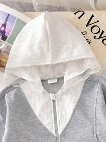 Vihyde Tween Girls Ballet Style Zipper Hooded Jacket & Lace Patchwork Wide Leg Pants 2 Pieces Set - Light Grey - View 7