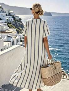 Vestido suelto con decoración de lazo a rayas gris y blanco, estilo casual de playa y vacaciones para mujer - Blanco - Ver 2