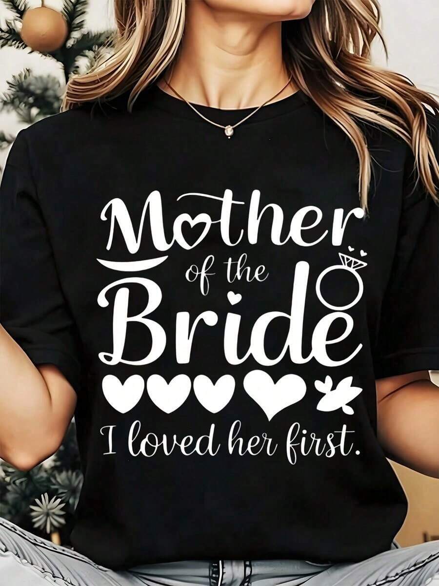 Women's Crew Neck T-Shirt, Mother Of The Bride, Heart And Wedding Ring Print, 220g, Gift For Wedding Party Or Bachelorette Party, Breathable And Comfortable - 黑色 - 查看 1