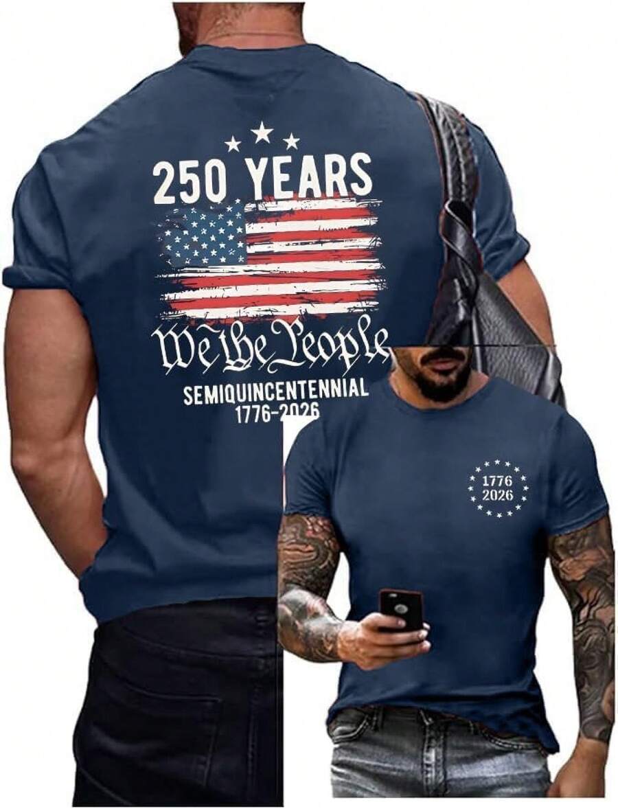 [Free Shipping]250th Anniversary Shirts For Men 4th Of July Shirt America Flag Patriotic Graphic Independence Day Casual Tops - 藍色 - 查看 1