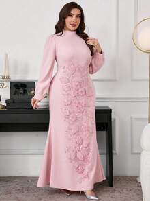 Elegant Pink Plus Size Maxi Dress With Stand Collar And Puff Sleeves Embellished With Floral Applique For Women - Pink - View 5