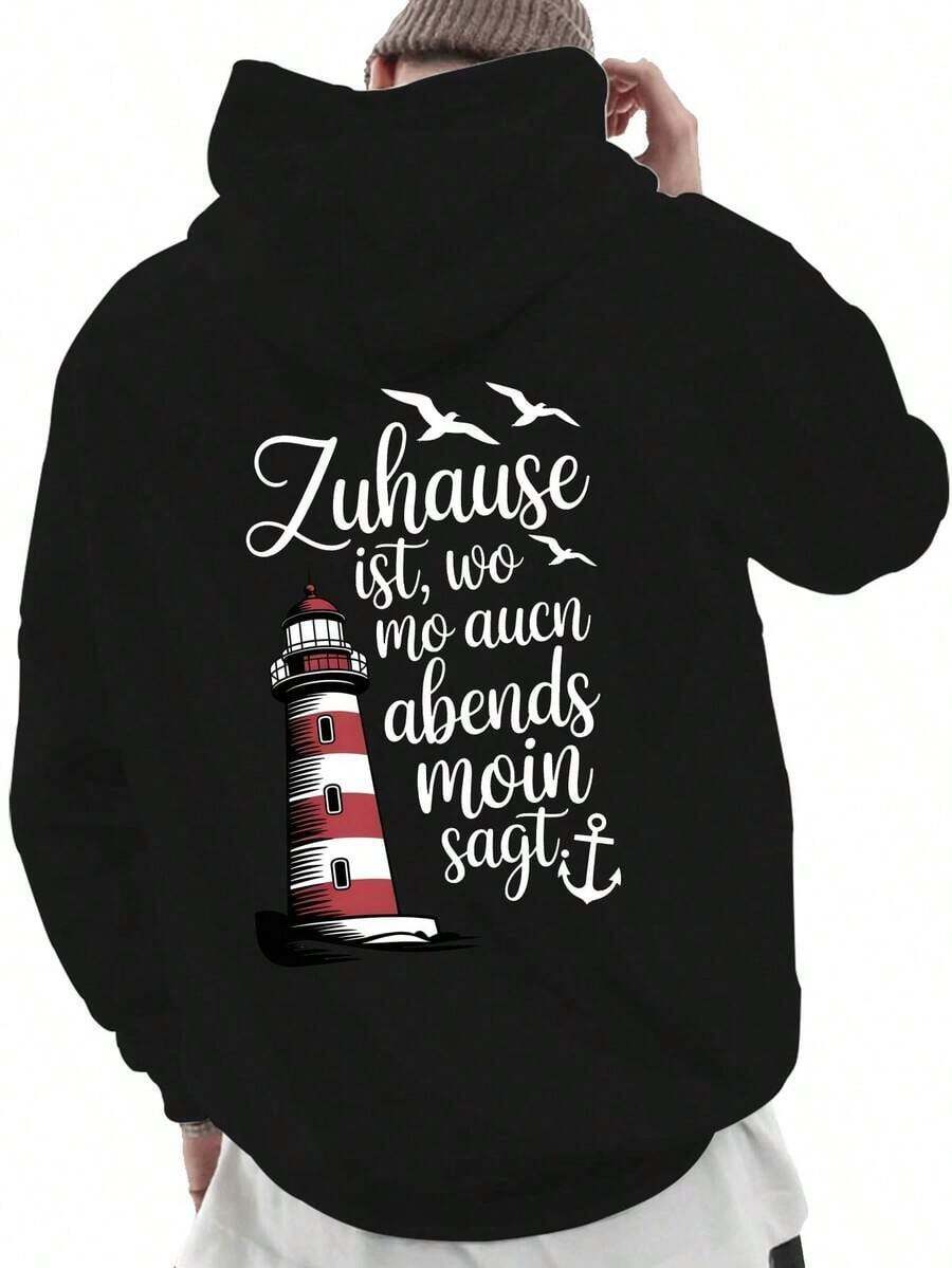 Compatible With Graphic Plus Size, Men's Back Print Hoodie, New Autumn-Winter Collection, Couple Hoodie, Versatile Loose Sweatshirt For Sports And Casual Wear - Casual Sweatshirt, Kangaroo Pocket, Stretch Fabric, Machine Washable - Perfect Choice For Spring And Autumn [Lingmoyun] - 黑色 - 查看 1