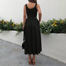 Women's Square Neck Sleeveless A-Line Maxi Dress, Casual Solid Color Pleated Waist Long Dress, 2026 Summer Basic Dress With Pocket - 玫紅色 - 查看 5