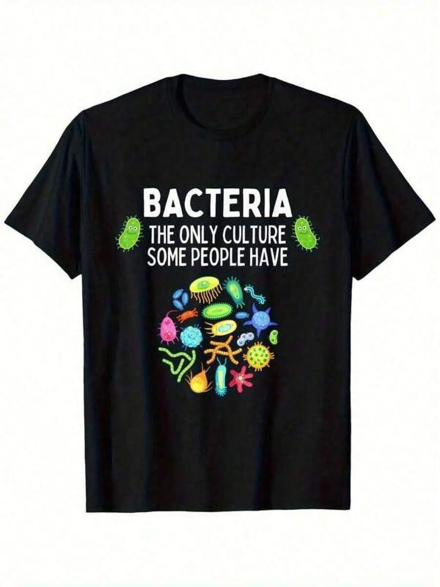 Funny Biology T-Shirt - "Bacteria: The Only Culture Some People Have" - Black T-Shirt With Colorful Microbe Graphic - Soft And Breathable Cotton T-Shirt For Men And Women - Science Gifts For Microbiologists, Teachers, Medical Students - Sizes S-XXXL, Casual Wear, Humorous Design, Long-Lasting Print - 黑色 - 查看 1