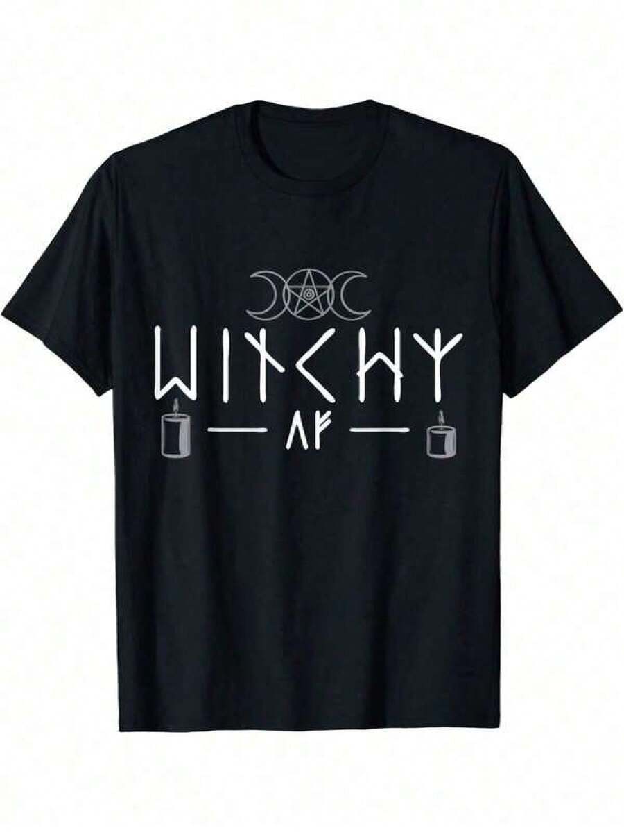 Witchy AF Three Moons Wicca Graphic T-Shirt, 100% Cotton, Casual Crew Neck, High Elasticity Knit Fabric, Regular Fit, Adult, All Seasons - 黑色 - 查看 1