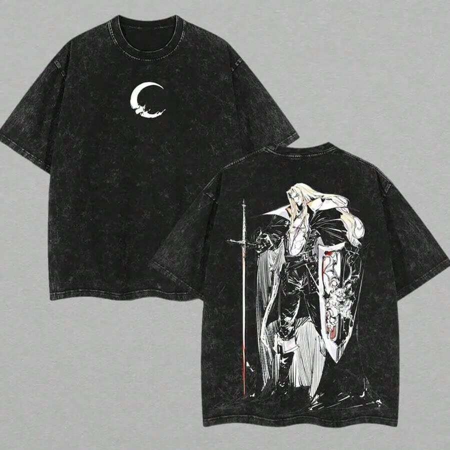 Alucard Anime T-Shirt, Son Of Dracula, Castlevania Nocturne Style, Streetwear, Oversized Acid Wash T-Shirt, Otaku Style, Anime Gift Idea. - 黑色 - 查看 1