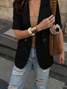 AYYPariaura Chaqueta casual de mujer de manga corta color marrón, con botones metálicos, bolsillo falso, de tela de algodón y lino, para uso diario y vacaciones, modelo 2026 de nueva llegadaAYY - Negro - Ver 3