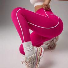 guangzhougaolangshangmao Slayform Leggings de cintura alta con estampado de letras para mujer, de uso casual y fitness - Rosa Fucsia - Ver 5