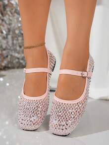 Spring/Summer Wide Toe Box Shiny Colorful Rhinestone Decorated Women's Dance Shoes, Comfortable Elegant Fashion Versatile Student Shoes/Mesh Hollow Breathable Soft Lightweight Non-Pinching Casual Shoes/Walking Shoes/Travel Shoes, Suitable For Dancing/Students/Outdoor Leisure/Walking/Holiday Gifts/Parties/Home/Work/Driving, Please Note This Product Is Not Suitable For Narrow Feet, Size Runs Large - Pink - View 2