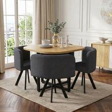 Table And Chair Set For 4 People, Consisting Of A Table (85 X 85 Cm) And Four Linen-Covered Chairs, Suitable For The Kitchen And Dining Room (Oak Tabletop + Grey Chairs) - Grey - View 5