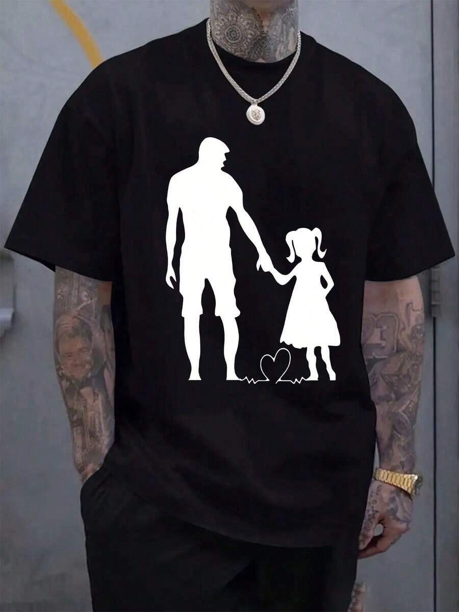 Men's Graphic T-Shirts With Touching Father-Daughter Silhouette Print, Casual Short Sleeve Crew Neck T-Shirt, Suitable For Summer And Spring, Men's Summer Clothing 100% Cotton - 黑色 - 查看 1