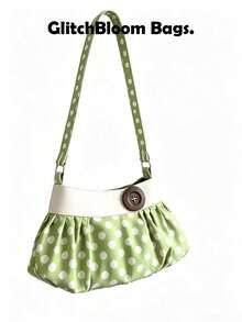 Retro Polka Dot Pleated Shoulder Bag, Y2K Aesthetic Button Decor Cloud Bag, Women's Casual Daily Sling Purse ((High-Quality Nylon Material, Maintains Shape, Waterproof, Durable, Suitable For Daily Use.)) - Green - View 4
