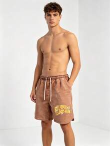 1pc Vibrant Billionaire BoysClub Street - Hip - Hop Print; Casual Men's Pure Cotton Washed Shorts - Comfortable, Breathable & High - Quality Drawstring Printed Athletic Shorts, Summer Fashion's Prime Choice Shorts For Men Camo Shorts Sweatpants For Men - Cà phê nâu - Xem 2