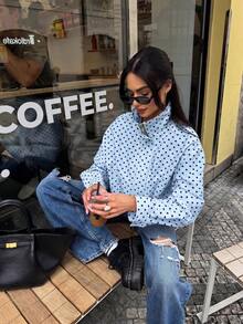 Blogger New Autumn Women Polka Dot Print Drawstring Dropped Shoulder Loose Style Jacket - Blue - View 5