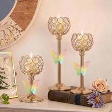 3pcs Gold Crystal Candle Holder Set, Vintage Hollow Ball Metal Lantern Candle Holders, Suitable For Wedding And Home Decor Centerpiece - Multicolor - View 16
