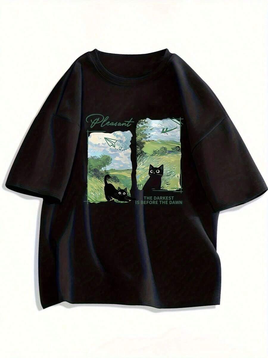 Unisex Summer Y2K Printed T-Shirt - Featuring A "Deepest Darkness Before The Dawn" Design, Featuring A Black Cat And Sky Motif, A Loose Fit, Round Nec - 黑色 - 查看 1