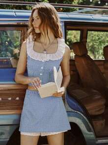 Blusa ajustada con botones delanteros de cuadros y bordados - Azul - Ver 4