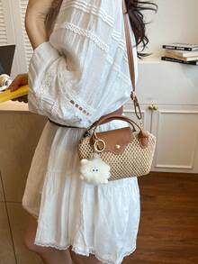 Casual Multi-Purpose Vacation Style Straw Mini Handbag, No Hanging Accessories, Exquisite Patchwork Contrast Color Flap Women's Crossbody Bag, Suitable For Shopping, Wallet, Shopping, Young Women, College Students, Newcomers, White-Collar Workers. Perfect For Office, School, Work, Business, Commuting, Outdoor Activities, Travel, Outings And Other Occasions. - Multicolor - View 5