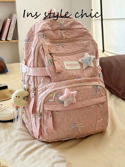 A Stylish Pink Quilted Backpack Adorned With Embroidered Bows And Stars. This Large-Capacity, Multi-Pocket Casual Travel Backpack Is Suitable For Students, High Schoolers, College Students, And Young Women. It's Perfect For Everyday Classes, Carrying Books, After-School Gatherings, Campus Events, Weekend Trips, Outdoor Picnics, Coffee Parties, And Everyday Outings.