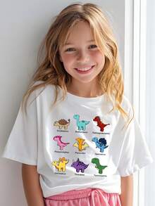 1 White T-Shirt For Kids With Cartoon Dinosaur Print | Crew Neck, Casual T-Shirt, Medium Stretch Knit Fabric, Regular Fit For Boys And Girls, Perfect For Halloween, Christmas, Valentine's Day, Easter, Free Shipping - 白色 - 查看 1