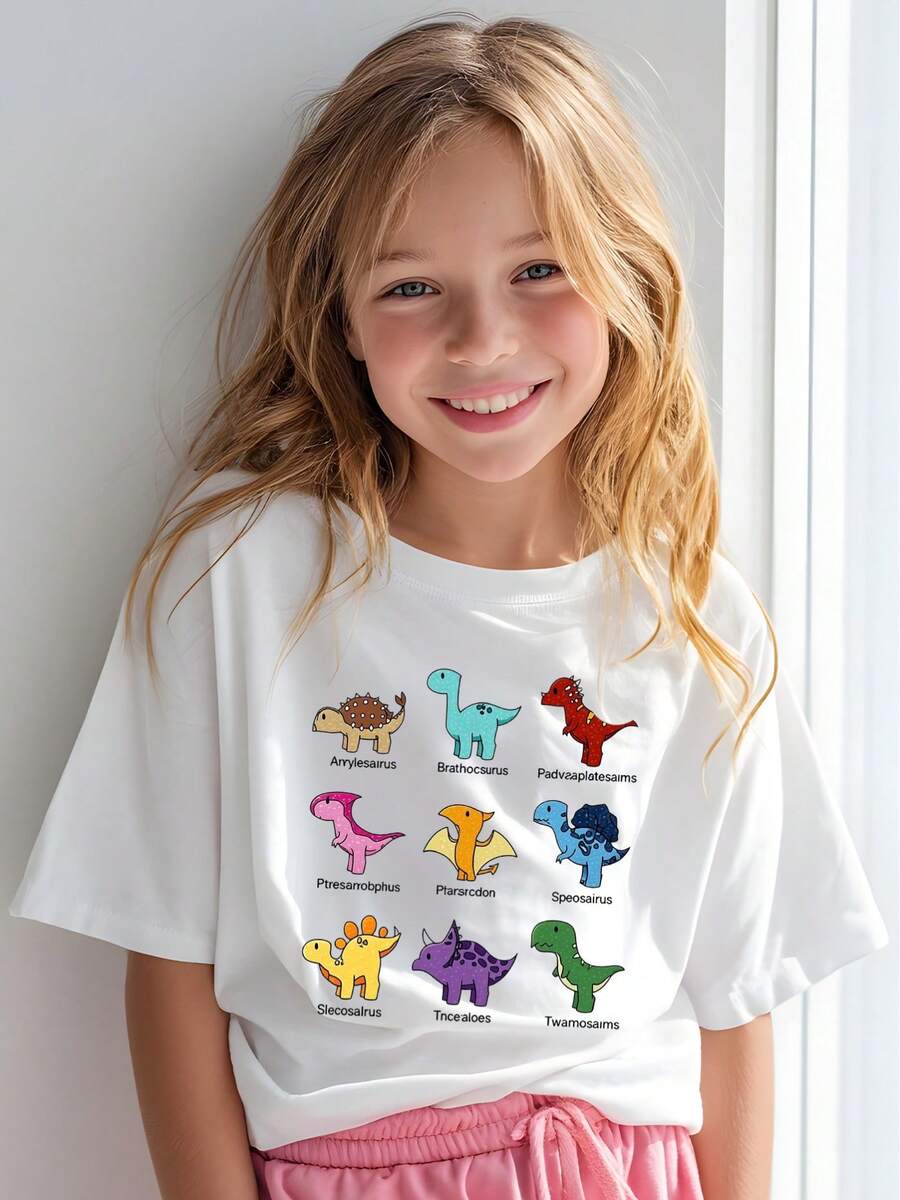 1 White T-Shirt For Kids With Cartoon Dinosaur Print | Crew Neck, Casual T-Shirt, Medium Stretch Knit Fabric, Regular Fit For Boys And Girls, Perfect For Halloween, Christmas, Valentine's Day, Easter, Free Shipping - 白色 - 查看 1
