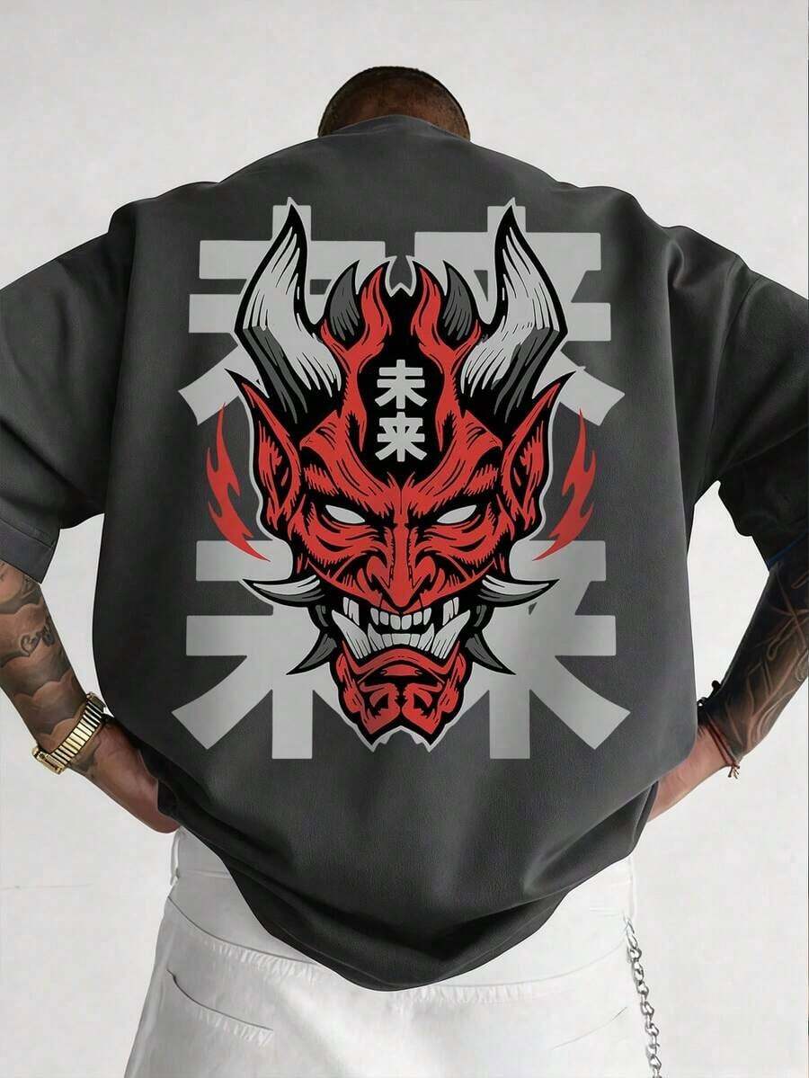 Camiseta de manga corta de cuello redondo con estampado de cara de fantasma, de moda casual para hombre, de verano - Gris Oscuro - Ver 1