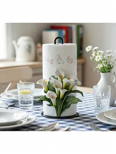 1pc Lily Flower Pattern Kitchen Paper Towel Holder, Wooden Base Multi-Functional Paper Towel Storage Rack, Sturdy Space-Saving Home Organizer For Kitchen, Dining Room, Living Room, Quality Home Gift Suitable For New Year, Valentine's Day, Mother's Day, Father's Day, Graduation, Birthday, Housewarming