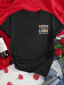 Short-Sleeved T-Shirt, 100% Cotton Front And Back -  Print: Sister Trip, Sisterly Love - Women's T-Shirt With A Modern Print For Spring And Summer, A Fashionable Item That Can Be Worn Year-Round. Suitable For Layering In Spring And Autumn, And On Its Own In Summer. Neutral Style,  City Boy-Style Top In Thick Cotton. - 黑色 - 查看 2