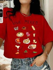 2026 Fashion Women's Cotton T-Shirt Casual Quality Short Sleeve T-Shirt With Round Neck And VIVA MEXICO Print, Food Style, Casual Top, Women's Clothing For Spring And Summer Unisex Basic T-Shirt - 紅色的 - 查看 1