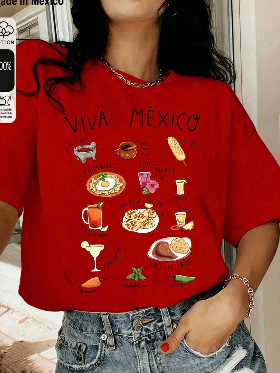 2026 Fashion Women's Cotton T-Shirt Casual Quality Short Sleeve T-Shirt With Round Neck And VIVA MEXICO Print, Food Style, Casual Top, Women's Clothing For Spring And Summer Unisex Basic T-Shirt - 紅色的 - 查看 1