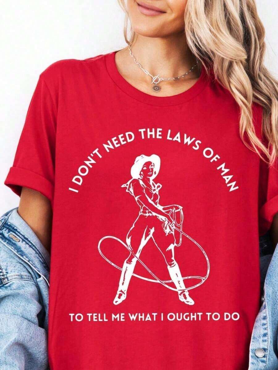 Women's T-Shirts 1 Piece, Women's Oversized Shirts, Summer Shirt With Western Print, T-Shirt With The Phrase 'I Don't Need Men's Laws', Country Style T-Shirt, Gifts For Her, Casual Blouses For Ladies. - 紅色 - 查看 1