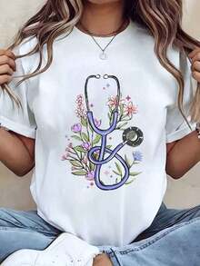 Women's T-Shirt With Stethoscope Floral Print, Round Neck, Casual Style, Gift For Nurses, Nurses Day, 220g, Loose Fit Blouse - White - View 1
