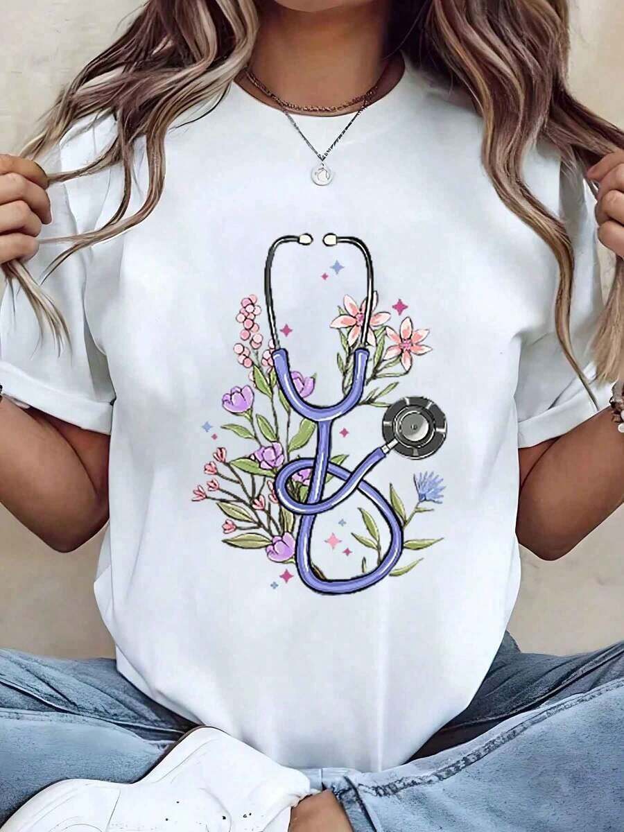 Women's T-Shirt With Stethoscope Floral Print, Round Neck, Casual Style, Gift For Nurses, Nurses Day, 220g, Loose Fit Blouse - White - View 1