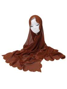 1 peça Hijab feminino elegante com bordado de flor ondulada, lenço de chiffon liso premium, xale envolvente de luxo macio e leve com proteção solar para mulher - Pequeno lenço de cabeça em chiffon com bordado floral - Ver 8