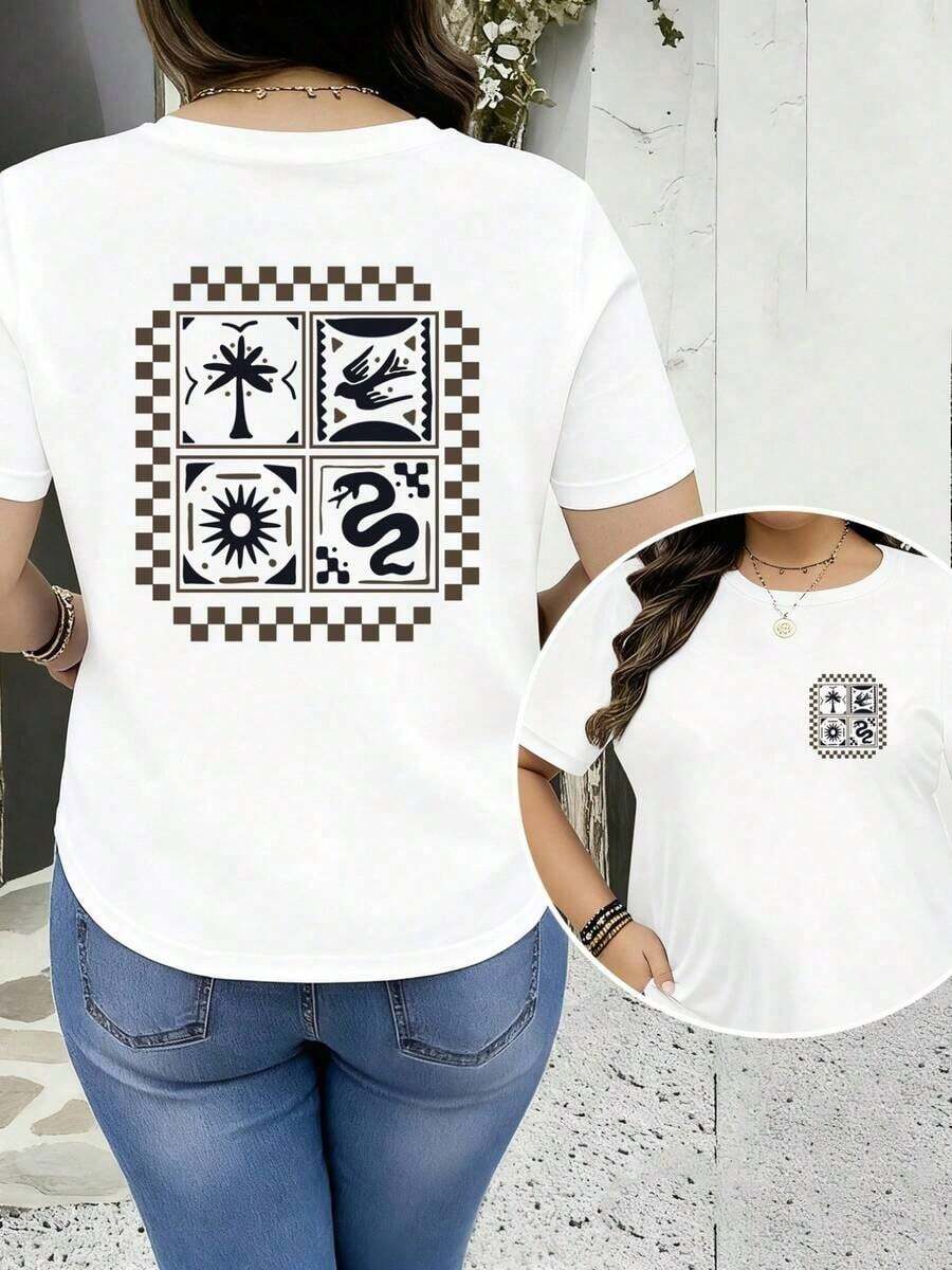 Plus Size Women's T-Shirt With Palm Tree And Flying Birds Print On Both Sides, Modern, Casual, Elegant, Chic, Sporty And Comfortable, With Round Neck And Short Sleeve, Y2K Style, Sportswear, Round Neck, 100% Cotton, Soft Fabric, Short Sleeve. - 白色 - 查看 1