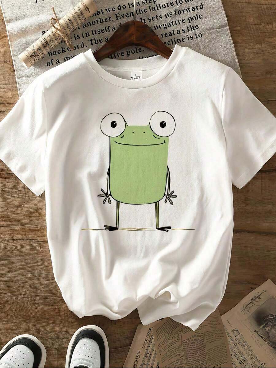 Women's Cotton T-Shirt, Casual And Stylish Round Neck With Abstract Frog Print, Breathable, Round Neck, And Short Sleeves, A New Summer T-Shirt For Women For Leisure. Cozy Soft Simple Everyday Wear Short Sleeve Top - 白色 - 查看 1