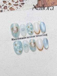 10pcs Handmade Nails Oval Nails Homemade Press On Nails Acrylic Short Mint Green Blue Nails, Cateye Gold Foil Glitter 3D Floral Cherry Blossom Lines,Summer Nails DIY False Nail Art Party Daily Dating Vacation Outfits Women Girls Gift Nail Supplies - Multicolor - View 3