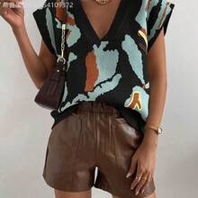 Soqi Women's Clothing  Chaleco De Punto Sin Mangas Con Cuello En V Y Bloques De Color - Multicolor - Ver 2