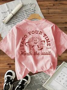 T-Shirt% Cotton [Double-Sided Print] Cartoon Style With TACO Letter Print, Casual Loose Round Neck Top For Women, Suitable For All Seasons, Can Be Worn As A Base Layer In Spring And Autumn Or Alone In Summer, Unisex Style,  Thick Cotton Cityboy Style Top. - 杏色 - 查看 11