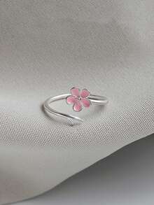 1pc Elegant Minimalist Pink Peach Blossom Ring, Versatile Sweet Floral Ring For Friends, Students - Antique Silver - View 1
